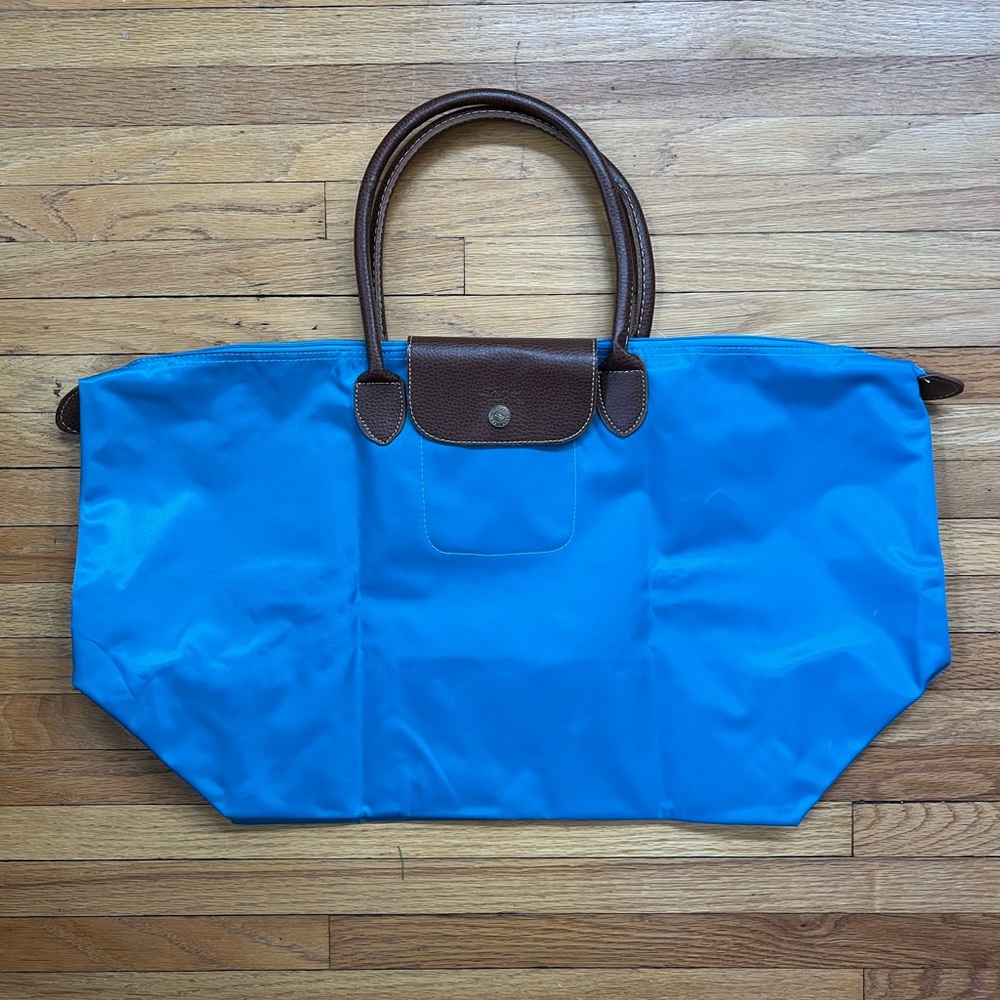 Le Pliage Longchamp large handbag turquoise nylon with brown handle